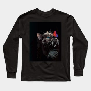 Cat and Butterfly Vektor Design Long Sleeve T-Shirt